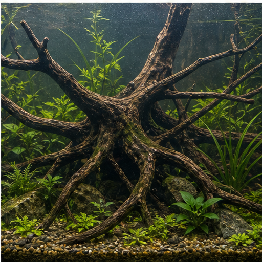 Grande racine structurant le décor d'un aquarium