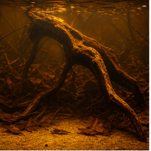Eau ambrée par les tanins dans un aquarium naturel