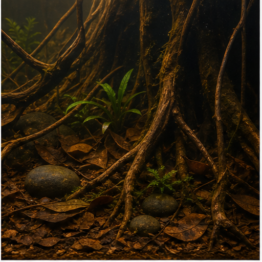 Décor amazonien avec racines et peu de roches calcaires