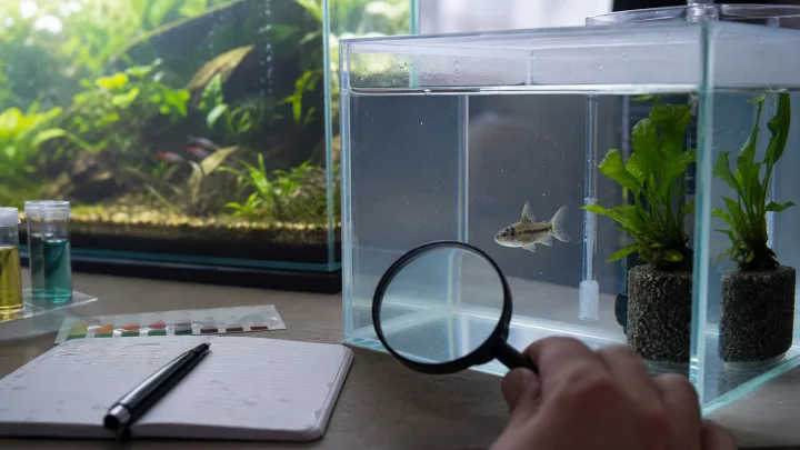 Observation responsable d'un poisson dans un bac de quarantaine